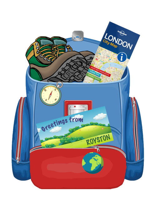 Illustrated image of a backpack containing items that support children's geography learning (a post card, a compass, a map and so on)