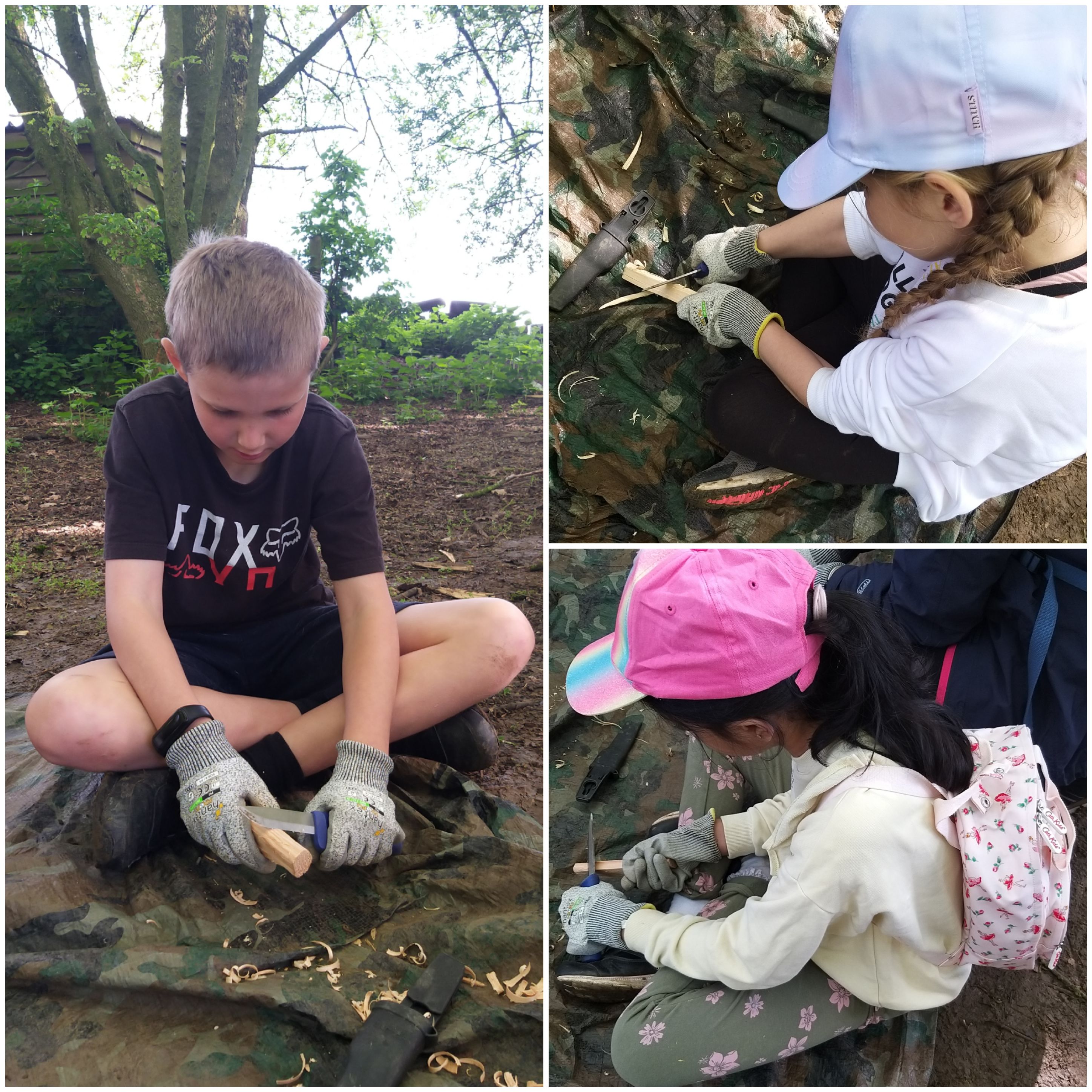 Wearing gloves, children use knives to whittle wood during a survival skills workshop