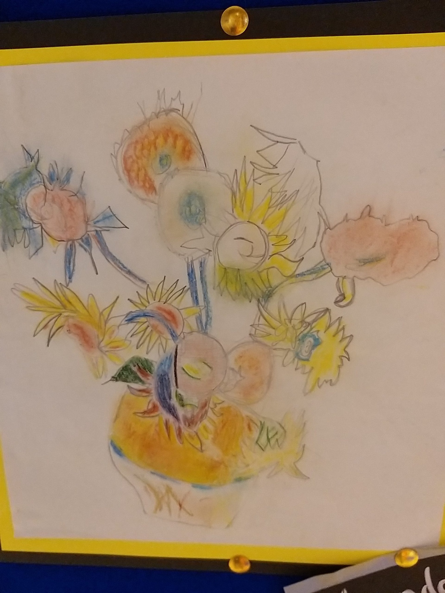 A picture, drawn by a pupil, inspired by Van Gogh's 'Sunflowers'.
